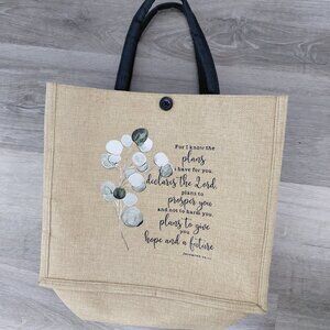 Burlap Tote Bags With Button Green Floral Watercolor Design  and Jeremiah 29:11